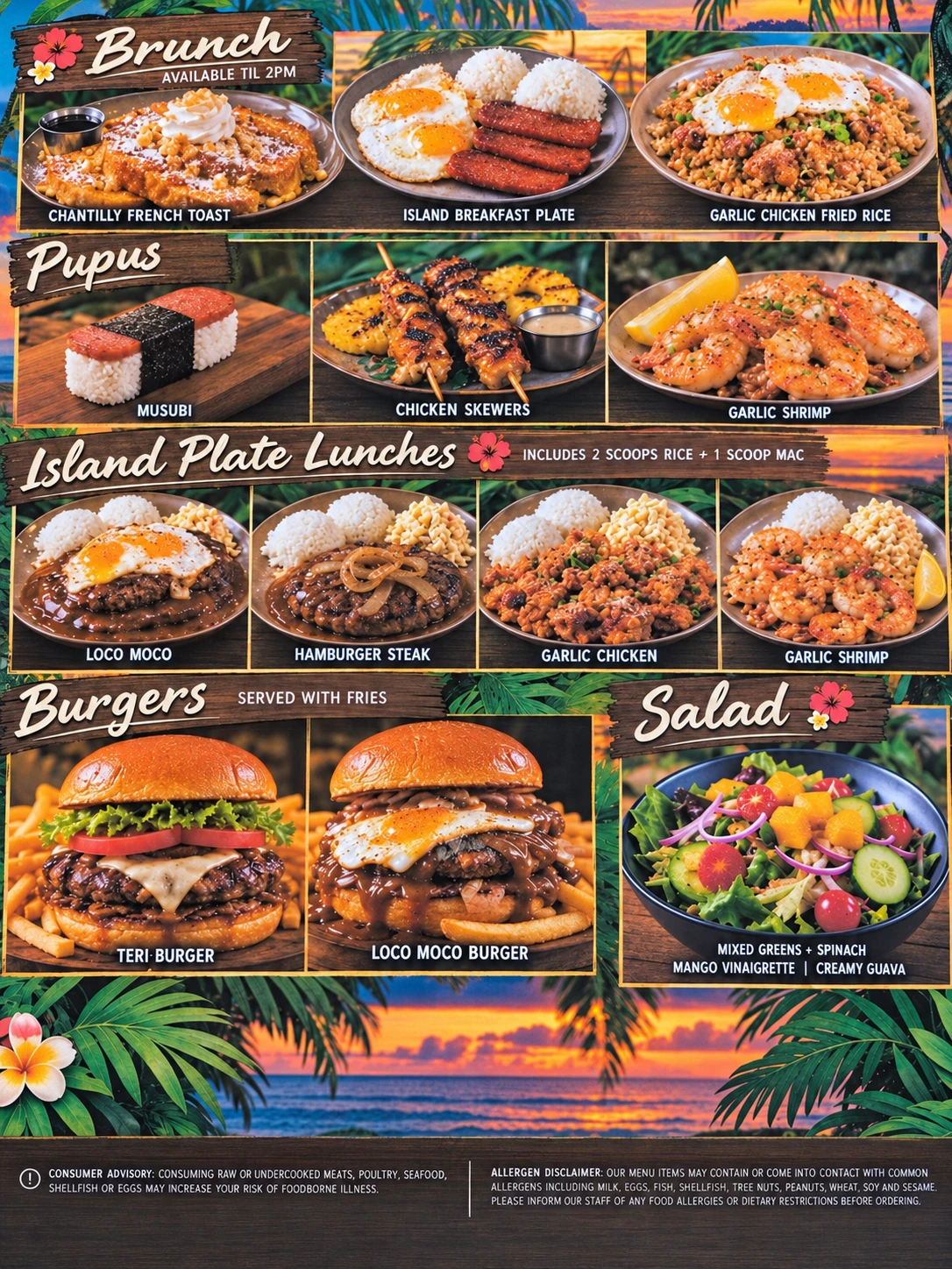 Shakas menu with photos of brunch, appetizers, island plate lunches, burgers and salad